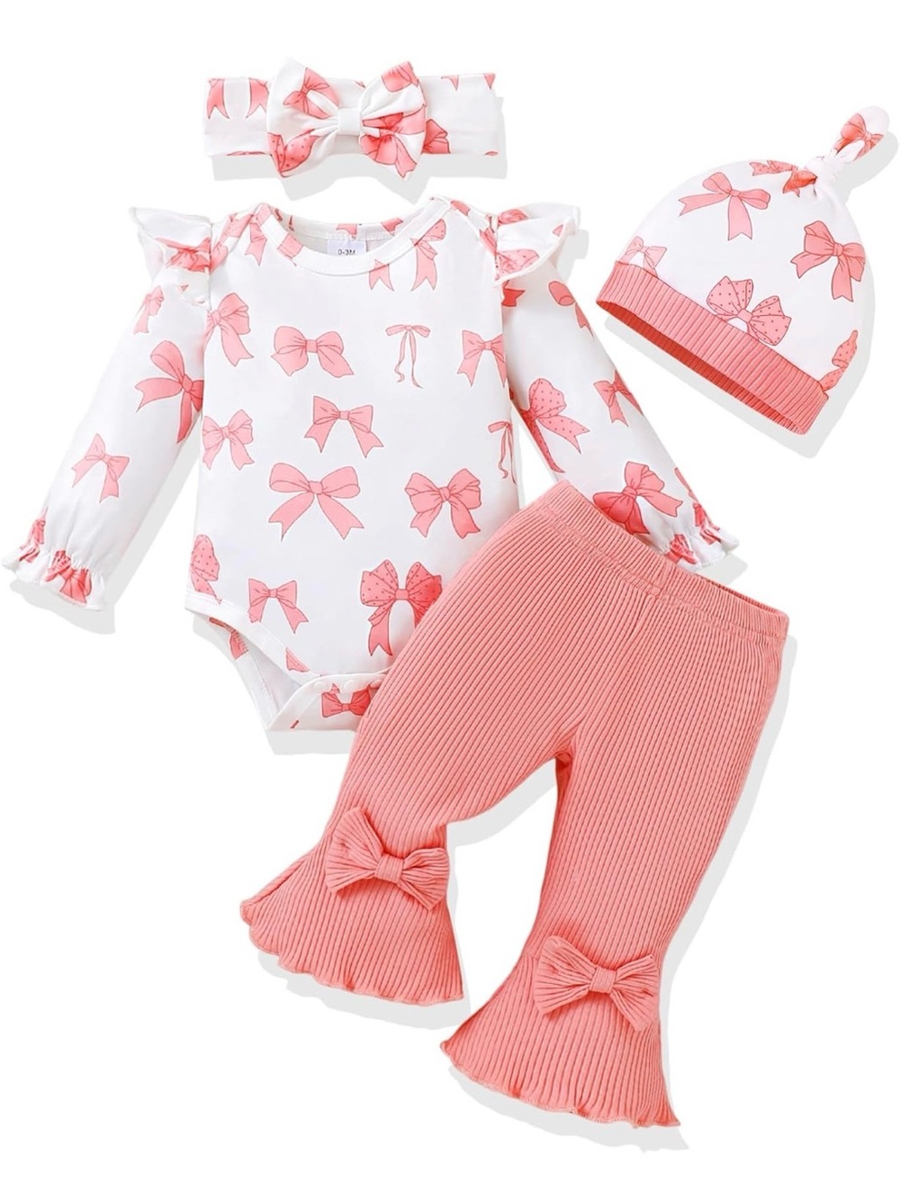 Baby Bow Print Bodysuit Set with Coral Ribbed Pants